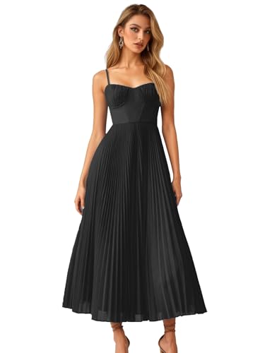 Zeflows Womens Pleated A-Line Ruched Sleeveless Prom Dress Adjustable Spaghetti Strap Backless Party Gown Dress Black-M