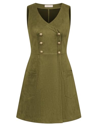 Damen Kunstwildlederkleid Retro A-Linie Zweireihiges Trägerkleid Dunkelgrün M