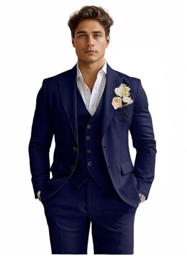 Linen Mens Suits 3 Piece Slim Fit Tuxedo Suit for Men Beach Wedding Formal Business Suit Groom Prom Set OutfitsNavy 3XL