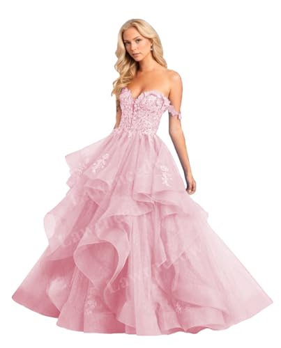 Lawrncedw Ruffle Tiered Prom Dress for Women Formal Laces Appliques Puffy Ball Gown Sweetheart Backless Evening Party Dresses Pink