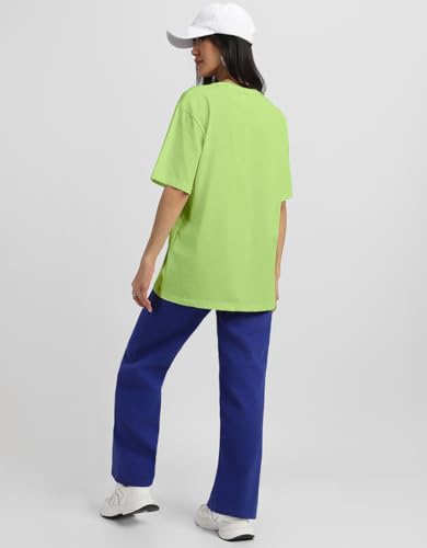 Image of JUNEBERRY Pure Cotton Oversized Drop Shoulder Brand Logo Typography Print Round-Neck Baggy Fit T-Shirt for Women (Available in Navy, Green & Pink Colors)