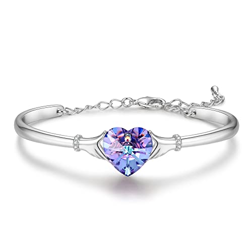 Praelinos Coeur Bracelet pour Femme Breloques Cristal 18K Plaqué Or Blanc 5A Zircone Cubique Réglable Chaîne Femme Bijoux Cadeaux pour Femme Anniversaire de La Saint-Valentin Weihnachten (Violet) Cover