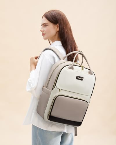 Image of LOVEVOOK Laptop Backpack for Women with Giant Tumbler Holder Pocket, 15.6 inch Travel Work Backpack Purse for Teacher Nurse, Waterproof College Book Bag Cute Casual Daypack, Beige-Nude