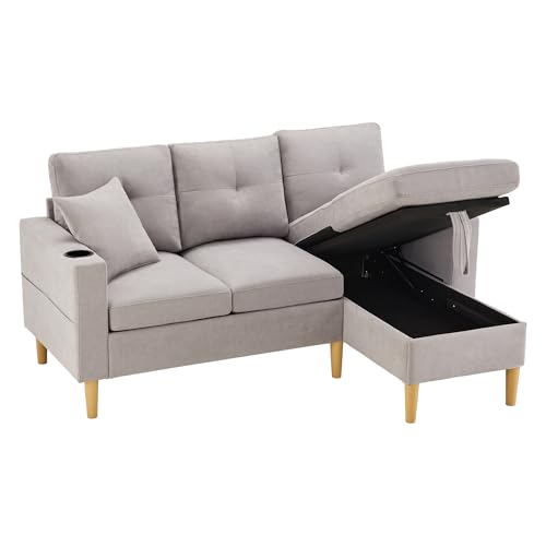KecDuey Sofá de 3 plazas con chaise longue, sofá moderno en forma de L, espacio de almacenamiento, soporte integrado para bebidas, viene con 2 cojines, adecuado para salón, oficina, apartamento (gris)