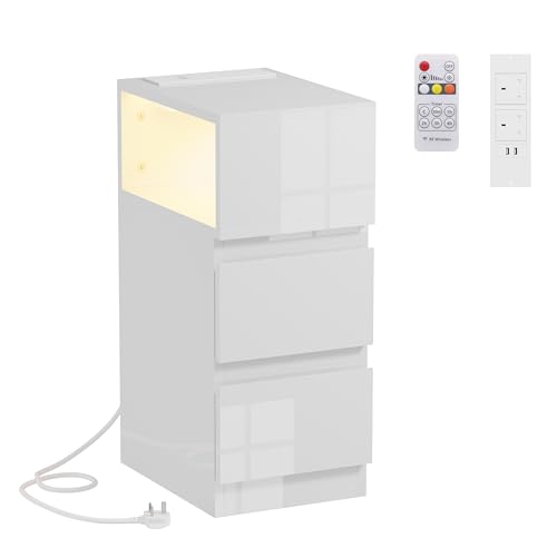 Menaka 25CM Narrow Bedside Table Cabinet with Led Light Charging Station, Slim 2 Drawers Side Table Sofa Table Bed Side Nightstand with 2 USB Ports & Power Sockets for Bedroom Living Room