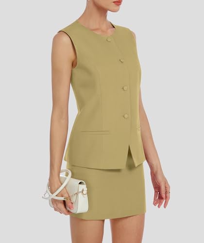 Womens 2 Piece Blazer Outfits Summer Vest Suit Short Skirt Sets Business Casual Button Down Vest Work Matching Set Mustard Yellow M3