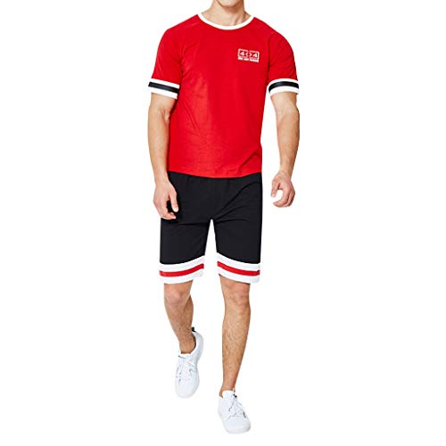 Rikay Mens Fitness Football Clothes Set 2 Pcs, Exercise Sports Clothing Tops Shorts for Workout Running Training Red