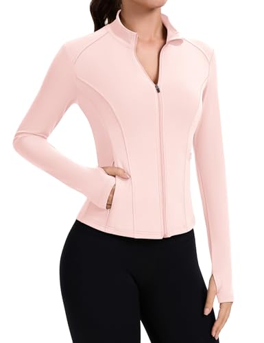 IECCP Gym Tops for Womens Sport Jackets Running Shirt Long Sleeve Workout Fitess Activewear Lightweight Moisture Wicking Yoga Tops with Thumb Hole and Zip Side Pocket Pink S