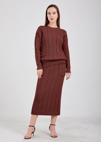 Image of chouyatou Women Winter Casual Chunky Cable Knit Long Pencil Skirt 2 Piece Outfit Oversized Pullover Sweater Sets