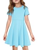 Imily Bela Girls Summer Short Sleeve Dress A Line Swing Basic Skater Twirl Party Dresses 5-14 Years Sky Blue