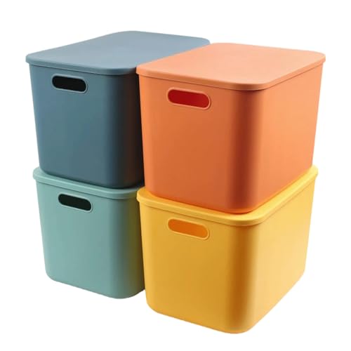 Image of MaxEarn 4 Pack Colorful Plastic Storage Boxes with Lids, 23L Stackable Storage Boxes with Handle, 36.5x26x23.5cm Storage Baskets Bin Organizer for Shelves, Cupboard, Kitchen, Bathroom, Office