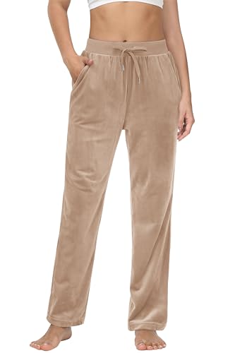 MAGCOMSEN Women's Velour Pants Soft Velvet Straight Leg Sweatpants Elastic Waist Warm Lounge Pant with Pockets