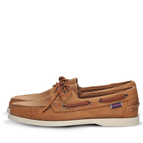 Sebago Portland Crazy H Boat Shoes - Patterned & Distressed Waxed Leather Mocassins with Leather Sock Lining and Non-Marking, Non-Slip Rubber Outsoles, Brown Tan - 9.5 Regular