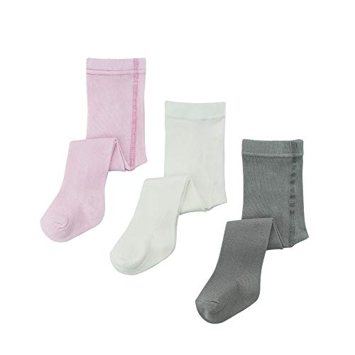 Biotex Organic Cotton Newborn Baby Girl Leggings Stocking, Footed Tights, Pantyhose for Infant Toddler, Mod:1002, 3 Pack, 0-6 Months, Pink/Ecru/Grey