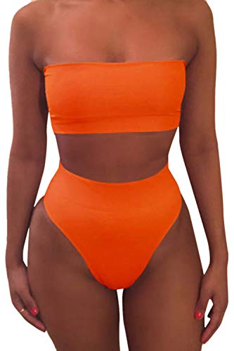 VamJump Womens Strapless Bathing Suit Bandeau Crop Top Swimwear Bikini Sets,Orange,XL