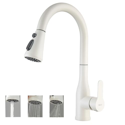 ONECE Robinet de Cuisine Beige avec Douchette Extractible, Mitigeur Evier Pivotant 3 Jets d'eau, Robinettrie Rotatif 360° pour Evier Double, Acier Inoxydable,...