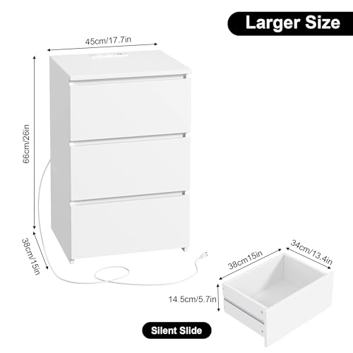 FOTOSOK White Nightstand, 26" H Night Stand with Charging Station, White Nightstand with USB Ports & Power Outlets, Silent Slides, Wooden End Side Table Bedside Table with 3 Drawers for Bedroom - Thumbnail 2