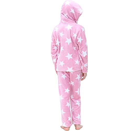 Girls Stars Print Fleece Extra Soft Loungewear Trendy Fashion Zipped Top Flannel Fleece Hooded PJS Outfit Set3