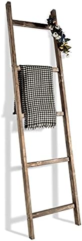 FUIN 6.3 Ft (76″) Rustic Blanket Ladder Holder Farmhouse Wood Decorative Wall Leaning Quilt Towel Display Bathroom Rack, Light Brown