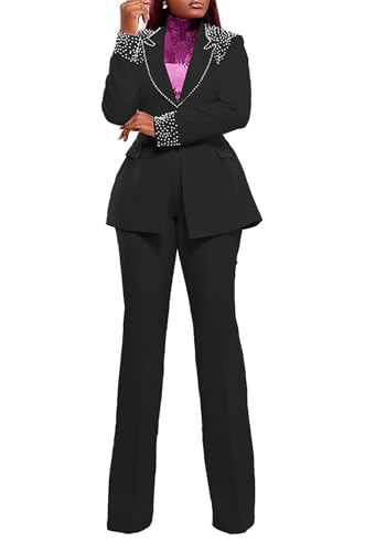 Tcremisa Womens Fashion Pants Suit 2 Piece Business Outfits Pearls Long Sleeve Blazer and Slim Fit Pants Sets R-Black