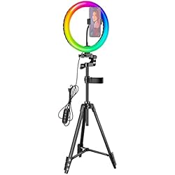 Tripode Para Celular Con Luz NEEWER 10 Pulgadas Anillo de Luz RGB para Selfies con Soporte para Trípode, 29 Modos de Colores Anillo de Luz LED USB Regulable con Control Remoto de 433 MHz y 2 Soportes para Teléfono