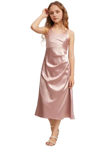 Girls Stretch Satin Formal Dresses Tea-Length Flower Girl Dresses Bridesmaid Dress Party Wedding