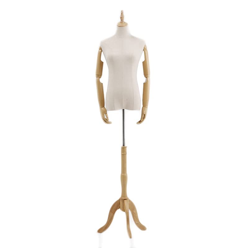 Female Mannequin Torso Body, 132 182cm Adjustable Height Dummy Model, Manikins for Clothing Realistic Display, Linen Cover Wooden Base, 2 Sizes