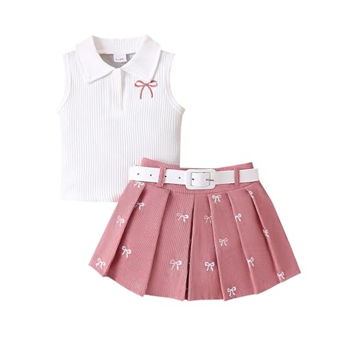 Toddler Girls Summer 2 Piece Outfits Cute Bow Ribbed Lapel Tank Top and Corduroy A-Line Skirt Matching Sets for 0-5 Years