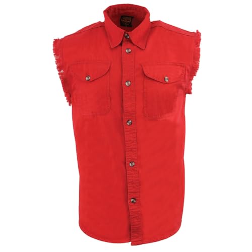 Image of Milwaukee Leather DM4009 Men's Sand Lightweight Denim Shirt with with Frayed Cut Off Sleeveless Look
