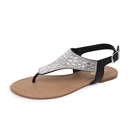 BENEKER T-Strap Sandals for Women Sparkle Rhinestone Dressy Comfortable Beach Wedding Shoes Greek Summer Sandals Women Elegant Slippers Black08