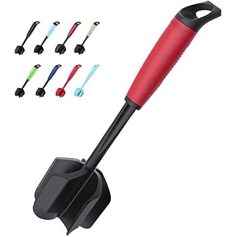 Ourokhome Upgrade Meat Chopper and Potato Masher, Heat Resistant Ground Meat Smasher for Hamburger Meat, 5 Curved Blades Ground Beef Smasher, Nylon Non Stick Mixer, Stirrer and Gadget, Black and Red Cover
