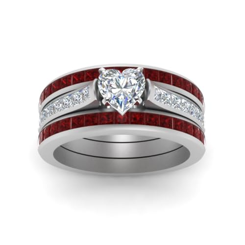 Three-in-One Heart Halo Wedding Engagement Band Ring Set Ruby Heart-shaped Three-layer Ring Set Cubic Zirconia Promise Eternity Statement CZ Anniversary Simulated Gemstone Rings for Women Size 7