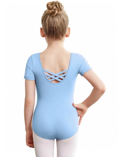 Image of Zaclotre Girls Gymnastics Leotards Crisscross Back Ballet Dance Outfits | Team Basic Leotard,Classic Short Sleeve,Hollow Back,High Stretch,Perfect Fit,Soft Cotton,Breathable,Ballerina Costume