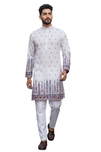 Image of Trustous Men's White Printed Kurta | Stylish Ethnic Wear Kurta for Men | Regular Fit Traditional Kurta | Festive, Wedding, Party & Casual Wear