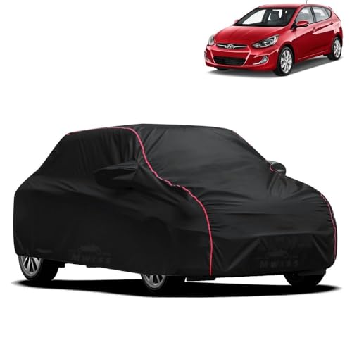 Image of Waterproof Car Cover for Hyundai Accent | All-Weather Protection, Dustproof & UV Resistant | Triple Stitched Mirror Pockets, Windproof Buckle Strap with Elastic Hem, Black-Red Piping