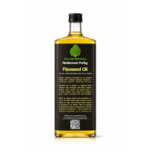 Image of Village-Organica Cold Pressed Flaxseed (Alsi) Oil | 500 ml | 100% Pure, Unrefined & Chemical-Free | Omega 3-6-9 Linseed Oil for Cooking & Hair | Glass Bottle