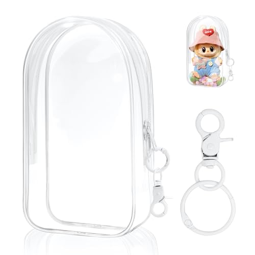 GGBOVVO Clear Figure Display Bag with Keychain for Doll, Positive Doll Storage Bag, Pouch Keychain Charms for Collectibles (with Zipper- Waterproof) Building Block Storage Bag,8.2 * 4.6 inch