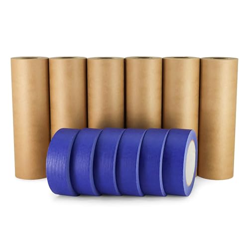 IDL Packaging Masking Paper and Tape Set - 9" x 60 Yards Brown Masking Paper (6 Rolls) and 1.41" x 60 Yards Blue Painter’s Tape (6 Rolls) - Masking Kit for Painting and Home Improvements