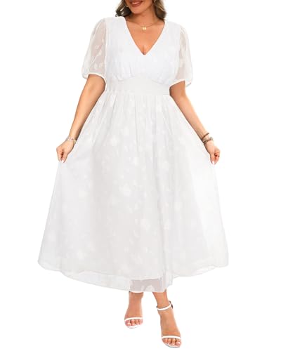 Image of Pinup Fashion Plus Size Wedding Guest Chiffon Semi Formal Maxi Dress | Chiffon, V-neckline, short sleeves, shirred waist, textured floral pattern, maxi length, versatile for all seasons