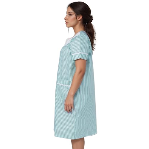 Image of Women's Short Sleeve Woven Snap-Front Closure Striped Embroidery Housecoat Duster Nightgown with Front Pockets