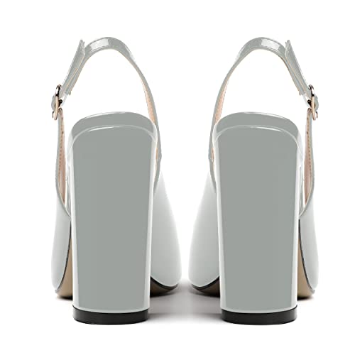MODENCOCO Women's Patent Fashion Round Toe Buckle Slingback Sexy Wedding Block High Heel Pumps Shoes 4 Inch4
