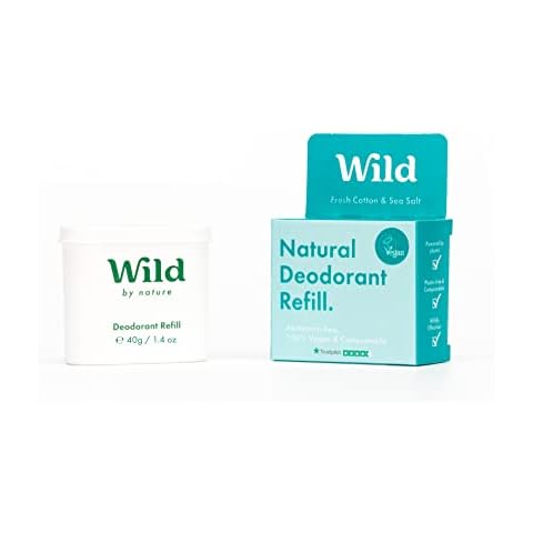 Wild - Natural Refillable Deodorant - Vegan & Eco-Friendly - Aluminium Free - Long Lasting Protection - 100% Natural Ingredients - Fresh Cotton & Sea Salt Refill - 40g Cover