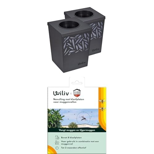 Kit Anti-Moustiques Extérieur - Lot de 2 Pièges Anti-Ponte + 8 Plaques Adhésives de Rechange - Capture Les Moustiques Communs et Tigres - Balcon, Terrasse et Jardin