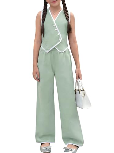 LuxyBear Girls Two Piece Vest Pant Set Viscose Blend Contrast Piping Dressy Suit 7-14Y Turquoise 9-10 Years