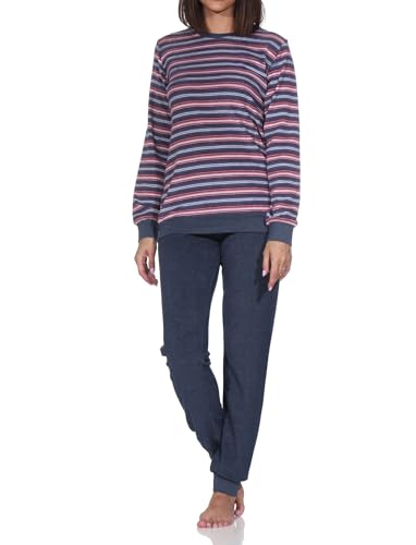 Normann Damen Frottee Schlafanzug mit Bündchen Pyjama in Streifenoptik - auch in Übergröße, Farbe:blau-Mel., Größe:44-46