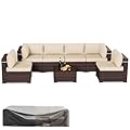 Amopatio Patio Furniture Set 7 Pieces Patio Conversation Set Outdoor Sectional Wicker Rattan Sofa with All-Weather Cover, Patio Furniture with Pillows Fits Porch Garden Backyard Balcony (Cream)