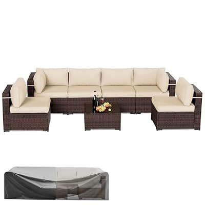 Amopatio Patio Furniture Set 7 Pieces Patio Conversation Set Outdoor Sectional Wicker Rattan Sofa with All-Weather Cover, Patio Furniture with Pillows Fits Porch Garden Backyard Balcony (Cream)