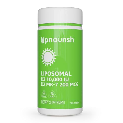 UpNourish Liposomal D3 K2 Vitamin 10000 IU D3 and K2 MK-7 200 mcg - 365 Vitamin D3 k2 (Vitamina D3 con K2) Mini Softgels - Easy to Swallow K2 D3 Vitamin Supplement