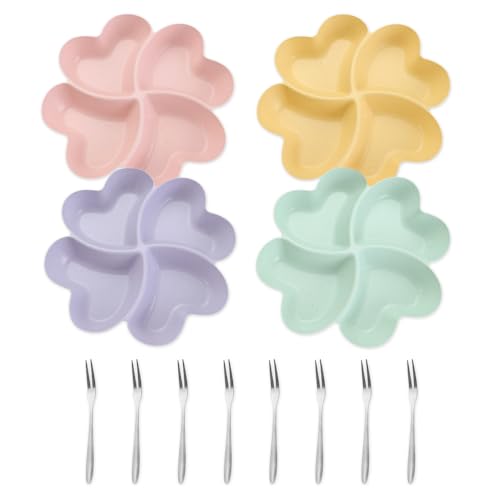 YZROHYI 4 Pezzi Piatto Snack,Piatti per Frutta Secca,Piatti da Spuntino,Piatto per Antipasti A Scomparti,Vassoio Porta Snack,Porta Aperitivo da Tavola,Vassoio da Caramelle con 8 Forchette da Frutta