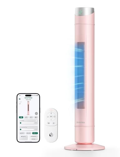 Image of ZAFRO Smart Tower Fan for Bedroom,120 Oscillating Fans that Blow Cold Air | 28ft /s High-Speed 12 Speeds 4 Modes Upgraded DC 22dB Ultra Quiet,App /Voice Control,Standing Fan with 12H Timer,42Inch, Pink